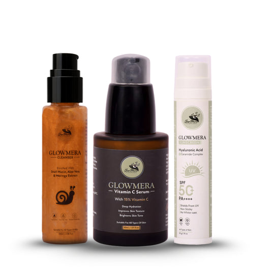 GlowMera Bright & Protect Skincare Kit | Vitamin C Serum + Snail Mucin Face Cleanser + SPF 50 PA++++ Sunscreen | Brightening, Dark Spot Reduction & Sun Protection | For All Skin Types