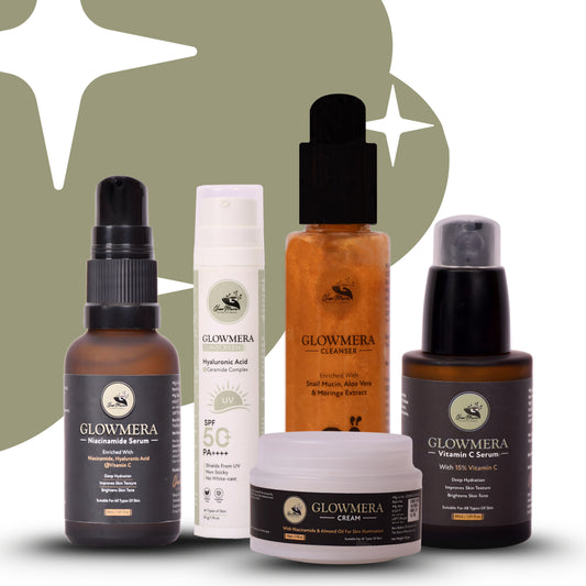 GLOWMERA Skin Science Complete Care Kit – Ultimate 5-Step Skincare System with Cleanser, Vitamin C Serum, Niacinamide Serum, Moisturizing Cream & SPF 50 PA++++ Sunscreen