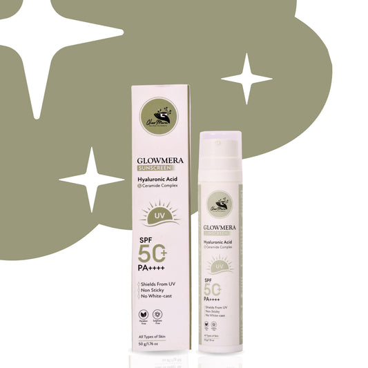 GlowMera Sunscreen SPF 50 PA++++ Broad Spectrum UV Protection Lightweight, Non-Sticky With Vitamin C, Hyaluronic Acid, Ceramides & Zinc PCA For Men & Women 50g